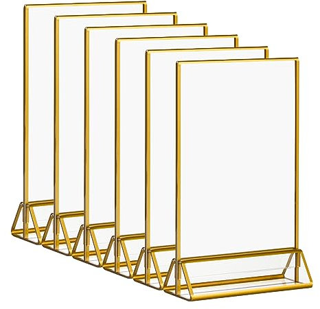CECOLIC Lot de 6 Supports de Panneau en Acrylique Avec Bordures Dorées, Supports de Menu Double Face, Cadres Photo Transparents pour Panneaux de Menu, Numéros de Table de Mariage (12,7 x 17,8 cm)