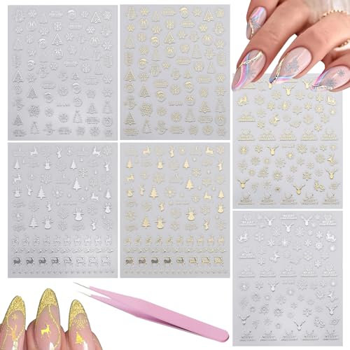 Nagelsticker Weihnachten,Weihnachten Nagelsticker Selbstklebend,Selbstklebend Schneeflocken Nagelaufkleber,Weihnachtsbaum mit Schneeflocken Nail Art Sticker Dekoration Nageldesign Zubehör,mit Pinzette