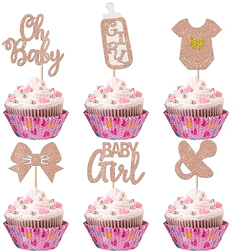 24 Stück Baby Girl Cupcake Toppers It's a Girl Tortendeko Glitzer Schnuller Onesie Jumpsuit Schleife Gender Reveal Dusche Kuchen Dekorationen für Baby Girl Geburtstag Thema Party Rosegold