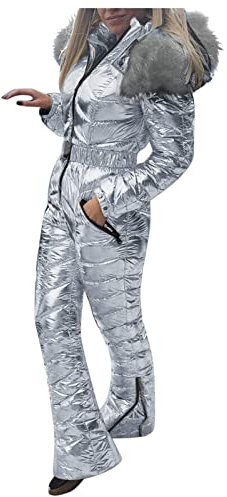 Skianzug Einteiler Wetlook Winter Horn Schnalle mit Gürtel Einfarbig Reißverschluss Pelzkragen 2023 Isolierte Snowboard Onesies Skijacke Winddicht Wasserdicht Ski Overall Bequem Gemütlich, silber, 42