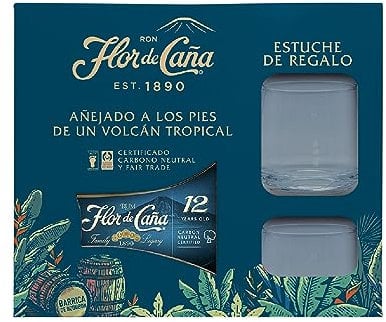 Flor de Caña Ron Premium, 12 Años, 700 ml con Dos Vasos de Regalo
