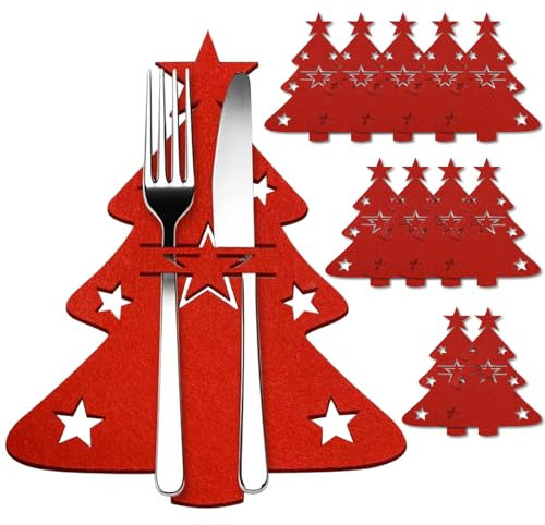THETAG Pack of 12 Cutlery Holders Christmas Felt Cutlery Bag Christmas Tree Cutlery Bag Christmas Decoration Table Decoration Red Christmas Knife Forks Spoons Tableware Cutlery Bags for Party Table