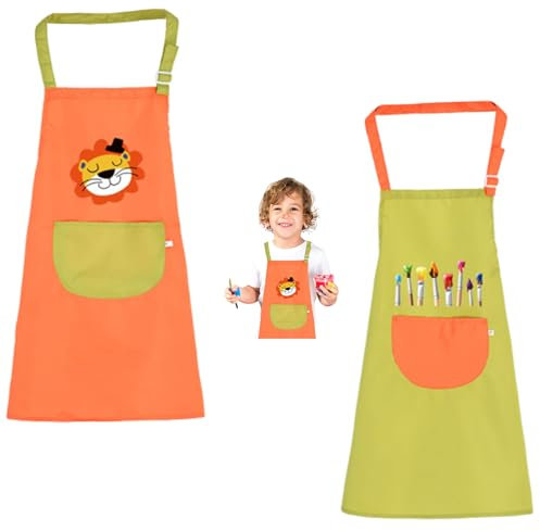 Jingzhan 2 Piezas Niños Artista Delantales con Bolsillo, Delantal Infantil Pintura Impermeables, Ajustable Delantal Cocina Niña Niño para Cocina Hornear Pintura Artesanía
