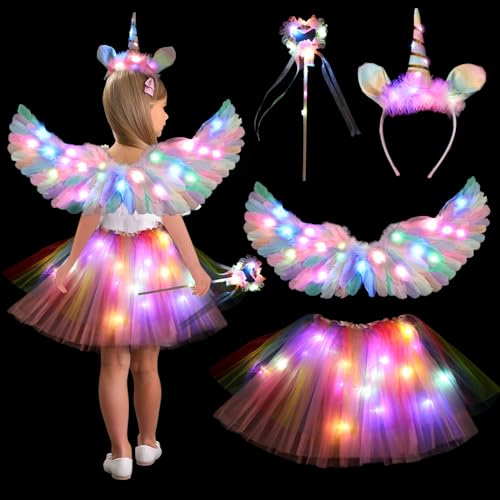 Déguisement Licorne Enfant Lumineux Ailes de Plumes Coloré avec Serre-tête,Baguette Magique LED Tutu Jupe Tulle Fille Ailes d'ange pour Halloween Carnaval Cosplay, 60CM