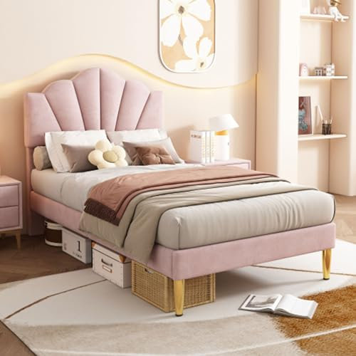 Tcewhhy Polsterbett Muschelartiges Bett Mit Goldenen Eisenbeinen Einzelbett Höhenverstellbares Kopfteil Holz Lattenrost Jugendbett Für Erwachsene Jugendliche Gästebett Rosa 90x200 cm