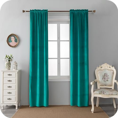 GIRASOLE HOME Paire de rideaux Adélaïde doux occultants thermiques en velours 2 panneaux de 70 x 220 cm avec poche, turquoise