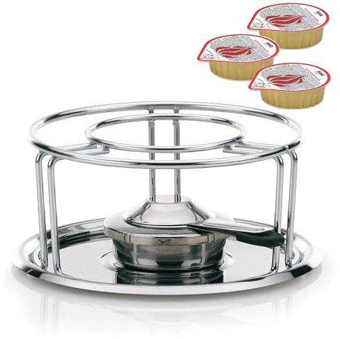 kela Rechaud Maxi, 3-teilig, Ø 23,5 cm, Edelstahl, Silber glänzend, Verchromt, Untersetzer aus Edelstahl, Pastenbrenner, 60127, 6 Brennpasten Magma, je 80 g, Ethanol, 390010