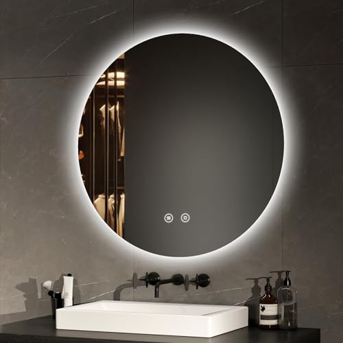 EMKE Badspiegel mit Beleuchtung rund 70cm Durchmesser Badezimmerspiegel mit Antibeschlag, Dimmbar Kaltweiß Licht, Speicherfunktion, Touchschalter, energiesparend hinterleuchtet Wandspiegel