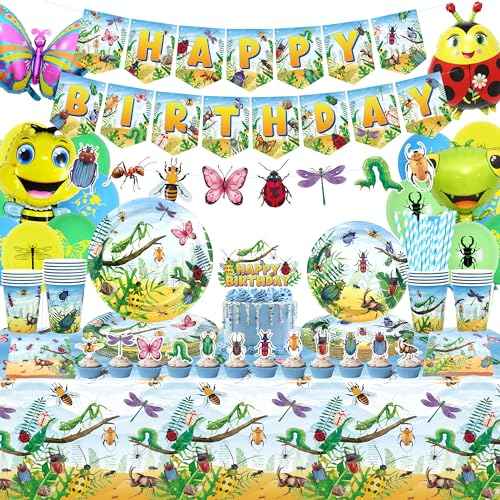 LSJDEER Insekt Geburtstag Party Dekorationen Bugs Party Supplies, Teller Tassen Servietten Tischdecke Alles Gute zum Geburtstag Banner Ballon Kuchen Toppers für Klasse Büro Garten Reptile Baby Dusche
