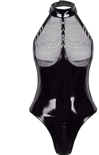 Satohom Damen Sexy Ouvert Body Lack Leder Bodysuit mit Neckholder Perspektive Latex Dessous PU Top mit Kette Reizwäsche Erotik String Wetlook Body Unterwäsche Teddy Babydoll Clubwear Schwarz
