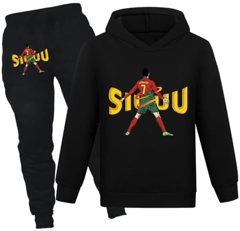 Survêtement de football unisexe avec capuche, manches longues et pantalon, pour enfants de 3 à 13 ans, Noir , 7-8 ans