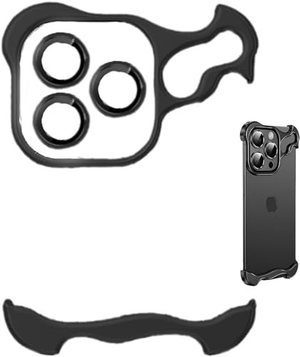 Special-Shaped Metal Corner Pad Anti-Fall Phone Case with Lens Film Naked Frameless Slim Thin Bare Metal Feel (Black, for iPhone 15)