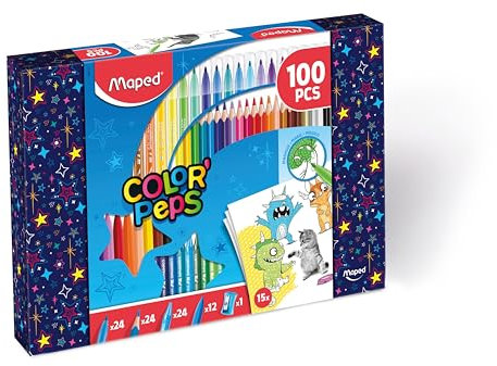 Maped - Malset 100 Stück Color'Peps – 24 Buntstifte + 24 Filzstifte + 24 Wachsmalstifte + 12 Kunststoffstifte + 1 Spitzer + – wiederverwendbare Box