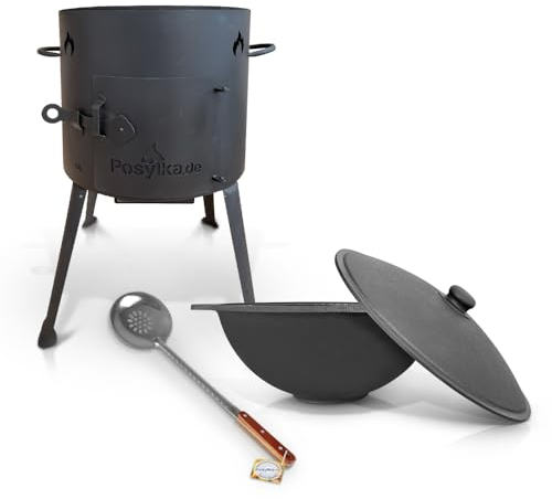 Utschak Feuerofen mit Gusseisen Topf flacher Boden mit Deckel (10 L) Kazan Schaumlöffel 48 cm KazanoFF, Учаг, Outdoor, Feuerschale, Camping, Kasan, Gulaschkanone Dutch Oven (Set 3)