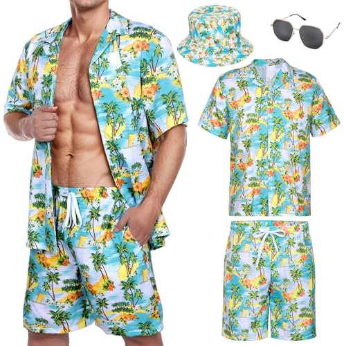 HarnyLoom Set da uomo con camicia hawaiana e pantaloncini, cappelli e occhiali da sole, estivo, tropicale, casual, da spiaggia, Aloha, a maniche corte, abiti per feste, vacanze, costume divertente,