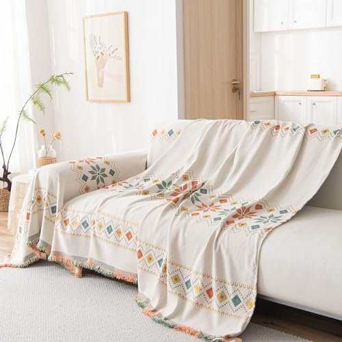 Treer Chenille Stoff Sofaüberwurf Decke, Böhmen Stil Sofa Überwurfdecke 1 2 3 4 Sitzer Reversibel Couch Überwürf L Form/Ecksofa Sofa Überzug Bettüberwurf Tagesdecke (180x400cm,Milchig weiß)