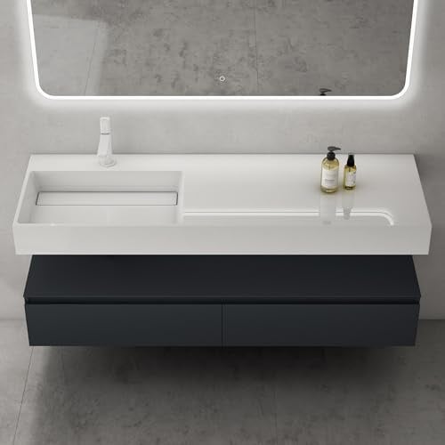 doporro Waschtisch mit Unterschrank 150x48x25cm Waschbecken Anthrazit matt | Wandhängendes Badmöbel-Set mit Mineralguss-Waschbecken – großzügig & pflegeleicht für moderne Bäder UP