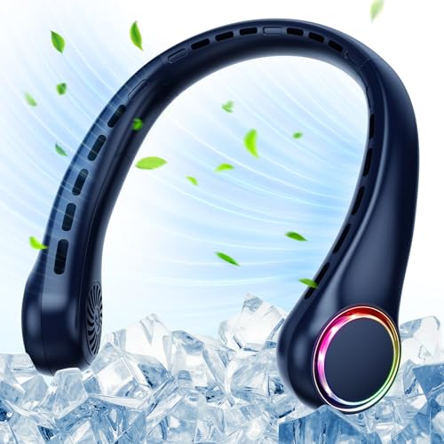 Ventilateur de cou - 4000 mAh - USB - Silencieux - 3 vitesses - Lumière LED - Portable - Pour l'extérieur, l'intérieur, le camping, les voyages, le sport - Bleu foncé
