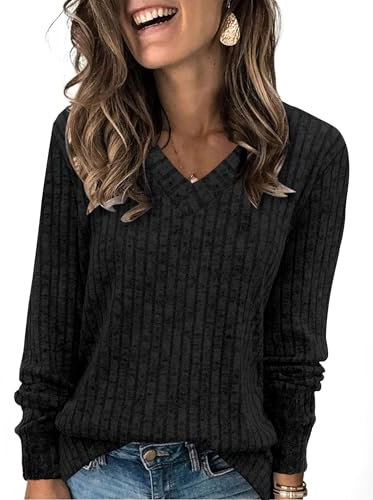 Aokosor V Neck Jumpers for Women UK- Ladies Basic Lightweight Jumpers Women Long Sleeve Tops for Leggings Tunic Black Size 6-8