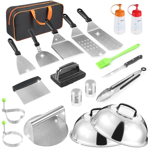 zycBernoi Griddle Accessories Kit, 20 PCS Flat Top Grill Accessories for Blackstone Camp Chef, Metal Spatula Set with Burger Press,Basting Cover,Melting Dome,Tongs,Carry Bag for Outdoor Grilling BBQ