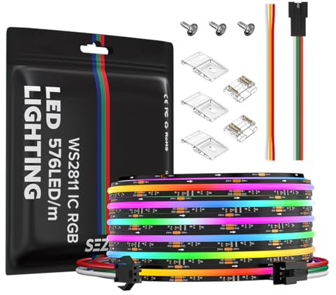 SEZO 24V FCOB COB WS2811 IC RGB LED Streifen Strip Lichtleiste 5M 2880LEDs Hohe Dichte Licht Pixel Traumfarbe LED Band, Breite 10mm IP30 Nicht Wasserdicht PCB Schwarz für Home Party DIY