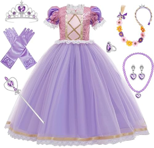 PIXUYE Rapunzel Kostüm Kinder Prinzessin Rapunzel Kostüm mit Krone und Zauberstab Cosplay Verkleidung Festlich Karneval Festkleid Maxikleid Geburtstagsfeier