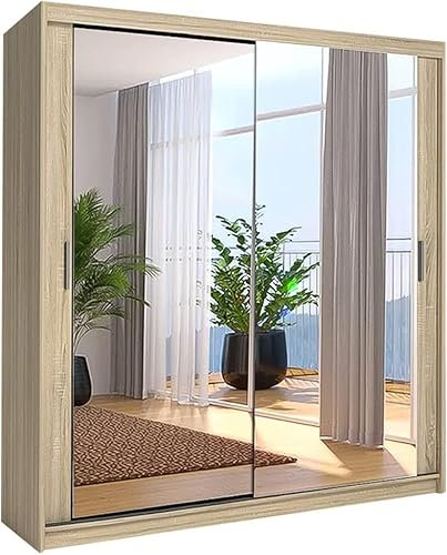 SLIDING WARDROBE 4U OAK STYLISH DOUBLE MIRROR SLIDING DOOR WARDROBE WITH LED LIGHT (Width: 90cm)
