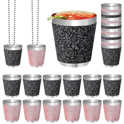 Dzmuero Schnapsglas zum Umhängen, 12 Stück Schnapsgläser zum Umhängen, Schnapsbecher aus Edelstahl mit Kette, für Hochzeitsfeiern, Junggesellenabschiede, Karneval, Weinprobe Party, Rosa und Schwarz