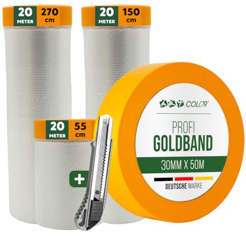 Abdeckfolie mit Klebeband Set – 3 Größen (55cm, 150cm, 270cm) inkl. 30mm x 50m Goldband und Cuttermesser – Reißfeste Malerfolie für Innen & Außen
