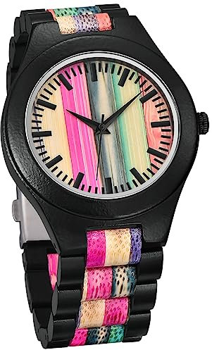 Tiong Herren Holzuhr Bunte Bambus Holzuhr Klassisch Holz Herrenuhren Analoge Quarz Holzuhren für Männer