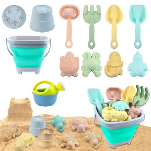 Qcdou Sandspielzeug Set, 11 Stück Sandspielzeug für Kinder, Sandkasten Spielzeug mit Faltbarer Eimer, Outdoor Spielzeug, Silikon Sandspielzeug ab 2 3 4 5 Jahre Mädchen Junge(Blue)