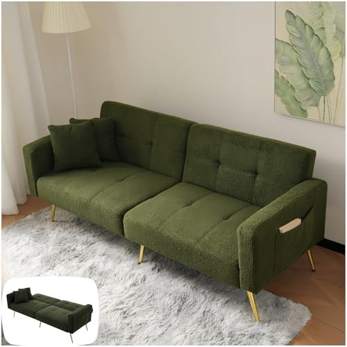 Seyakany - Sofá convertible con cojines y bolsillos de almacenamiento laterales, sofá de 2 plazas, sofá cama con función cama, ángulo ajustable, patas doradas, verde