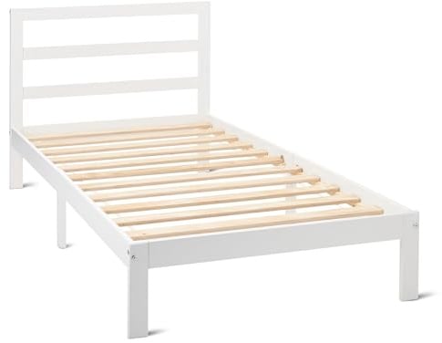 Amazon Basics Einzelbettgestell 90cm x 200cm mit Kopfteil, Bettrahmen mit Lattenrost, Massives Kiefernholz, Weiß