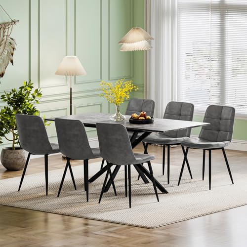 Luxstein Extendable Dining Table and Chairs Set 6, 120-160cm Concrete Effect Table with 6 Grey Upholstered PU Leather Chairs for Dining Room, Kitchen