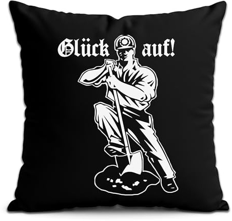 Glück auf Kissen | Ruhrpott Kumpel Kissenhülle mit Bergmann-Motiv – Deko-Kissenbezug 40x40 cm – Kohle Zeche Gruben Arbeiterdesign | M1 Schwarz mit Füllung