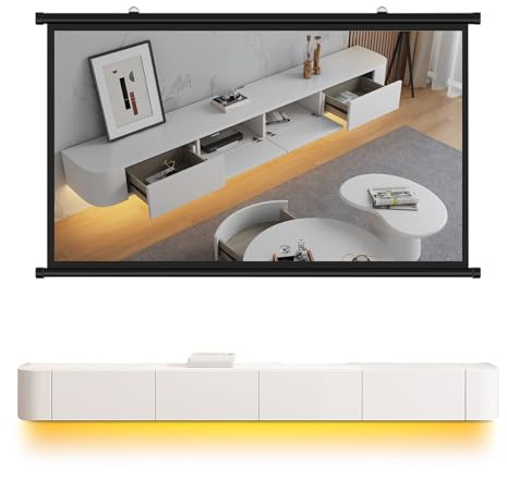HYANXUE Schwebender TV-Ständer aus massivem Holz, hochglänzender wandmontierter TV-Schrank, schwebende Regale mit Tür, modernes Entertainment-Media-Konsole Center Großes Lager TV-Bank (Weiß+LED, 140CM