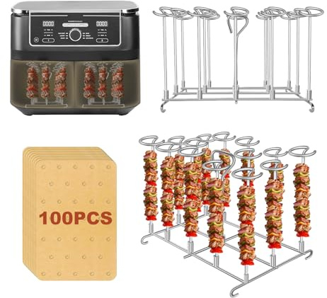 304 Edelstahl Heißluftfritteuse Spießen Grillrost für Ninja Foodi AF500EU/ AF400 EU/AF300EU/SL400EU/Cosori Dual Zone Airfryer,Dual Zone Air Fryer Zubehör, mit 14 Spießen und 100 Backpapier (1 Stück)