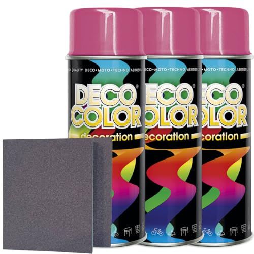 Craft-Equip DC 3er Sparpack Lackspray nach RAL in 400ml zur Lackierung von Auto Stahl Aluminium Beton Holz und 2 Stück Schleifpads (3 Dosen in pink glanz RAL 4003 + 2 Stück Schleifschwamm)