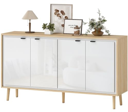 HOMCOM Buffet à Haute Brillance 4 Portes 141 x 35 x 77 cm Blanc Chêne | Meuble de Rangement, Étagères Réglables, Pieds en Bois, Style Moderne, Buffet Salle à Manger, Cuisine et Salon