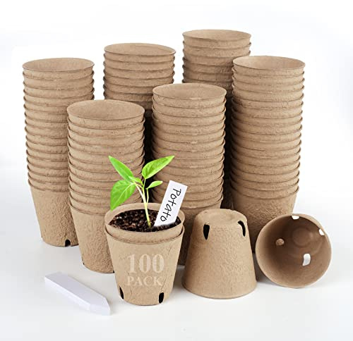 HXSEMAYIG 100PCS Biodegradable Small Plant Pots Fibre Seedling Pots, 8cm Plants with Bonus 20 Plant Labels
