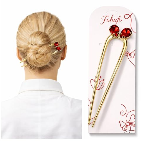 Fohufo French Hair Pin for Women - U Shaped Hair Pins Fashion Accessories, Gold Garnet Hair Accessories for Women, Elegant Hair Stick with Gemstones, Birthday Gifts for Woman, January Birthstone