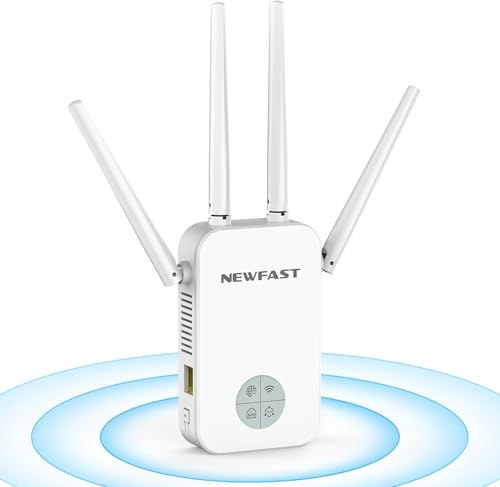 NEWFAST WiFi Booster Range Extender 1200Mbps Dual Band WiFi Extender Booster 5GHz & 2.4GHz, 4x Antennas, Access Point Hotspot with 360° Coverage, Wi-Fi Repeater, UK Plug