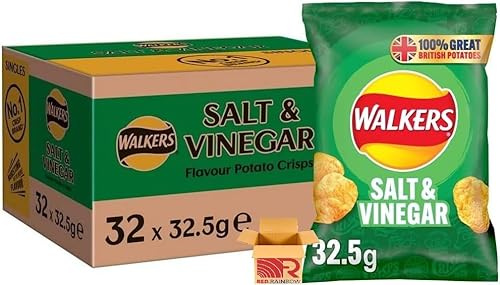 Giant Walkers Salt & Vinegar Crisps Bulk Multipack Bundle 32 x 32.5g Potato Snacks, Salt & Vinegar Flavour, Individually Wrapped for Lunchboxes, Parties, Office & Sharing, Birthday Party