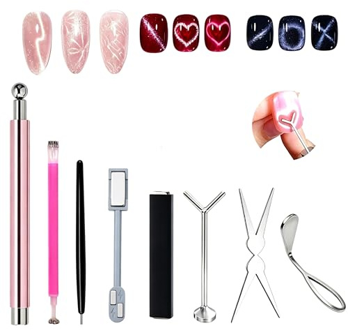 8-Piece Cat Eye Magnet Set, Cat Eye Magnet for Nails. Pink Pen with Magnetic Beads, Flower Pen, Heart and French Line Magnets. Perfect for Cat Eye Gel Nail Polish, Home DIY, Nail Art and Manicurists.