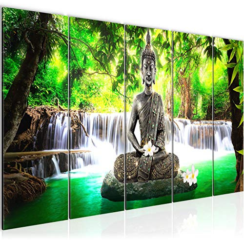 Runa Art Wandbild XXL Buddha Wasserfall Wohnzimmer Schlafzimmer 200 x 80 cm Grün 5 Teilig - Made in Germany - 503555a