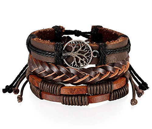 Flongo Bracelet Manchette Multi-Tours Tissage à la Main en Cuir avec Totem Arbre de Vie pour Homme Femme