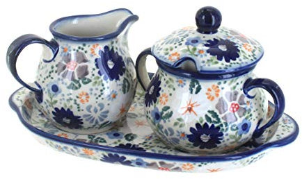 Blue Rose Polish Pottery Carnival Sugar & Creamer with Tray