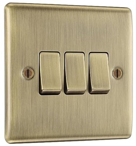 BG Electrical Triple Wall Light Switch, 2 Way, Raised and Slim Profile, Round Edges, Nexus Metal, Antique Brass, 20A, 16AX, NAB43