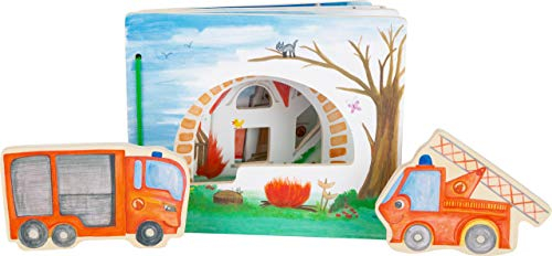small foot 12040 Bilderbuch Feuerwehr, Buch aus Holz für Kinder, mit Feuerwehrwagen und Löschfahrzeug, ab 12 Monaten