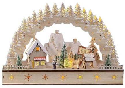 The Christmas Workshop Light Up Wooden Festive Scenes/Indoor Christmas Decorations/Warm White LEDs/Hand Crafted (Christmas Village Scene)